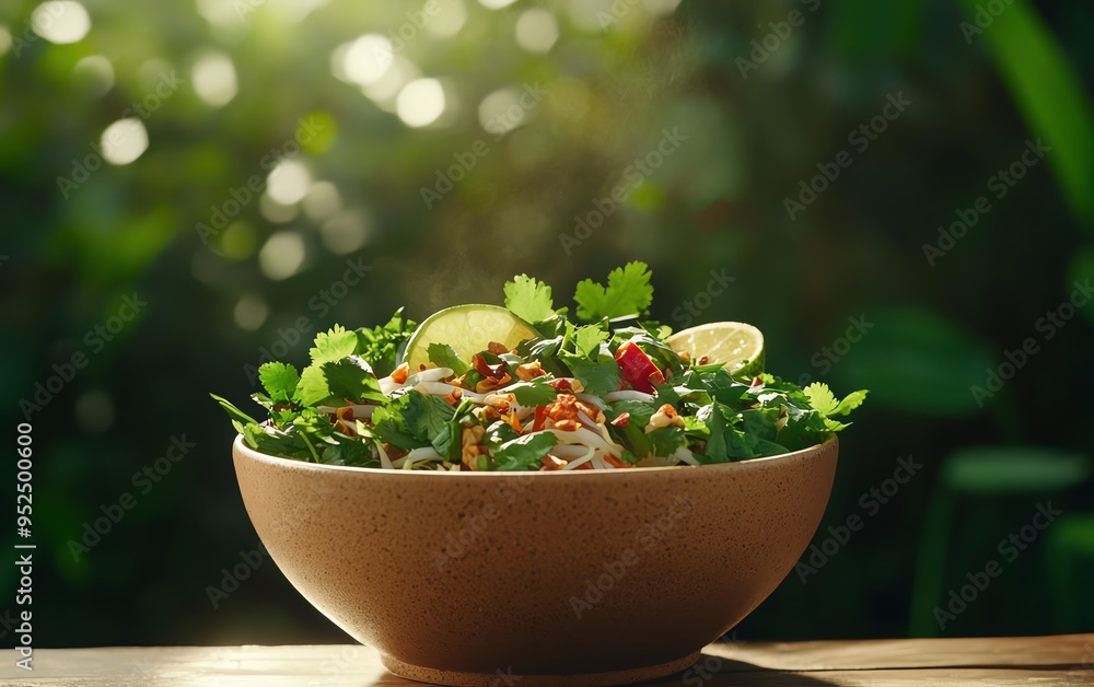Locally sourced Vietnamese pho, presented in a compostable bowl, with fresh herbs and lime, set against the backdrop of a Vietnamese rice paddy Locally sourced Vietnamese pho, presented in a compostable bowl, with fresh herbs and lime, set against the backdrop of a Vietnamese rice paddy