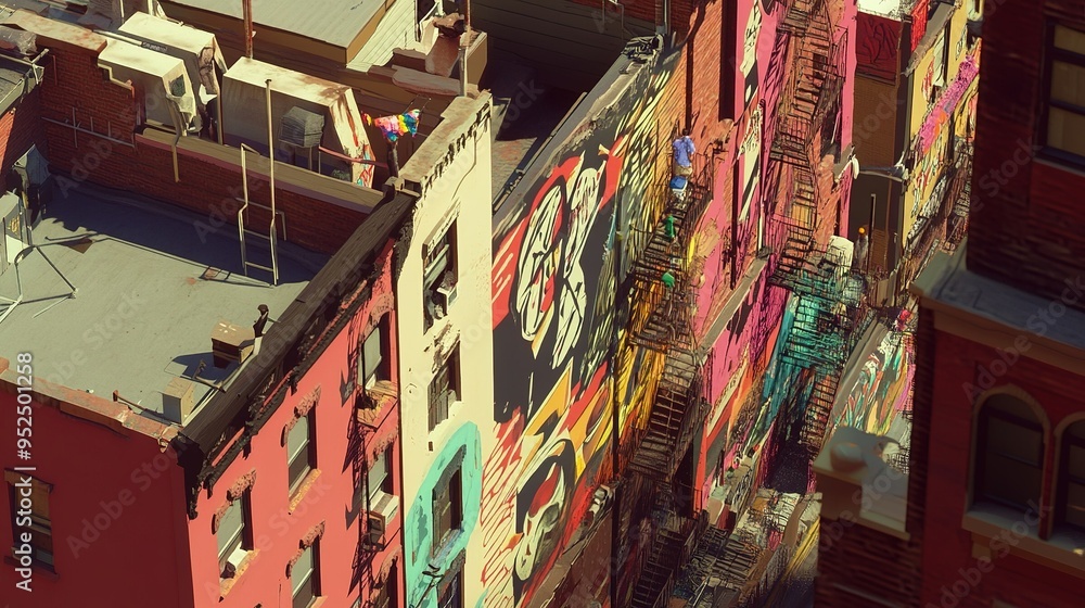 Naklejka premium Colorful street art and vibrant murals brighten up an urban alleyway in a bustling city