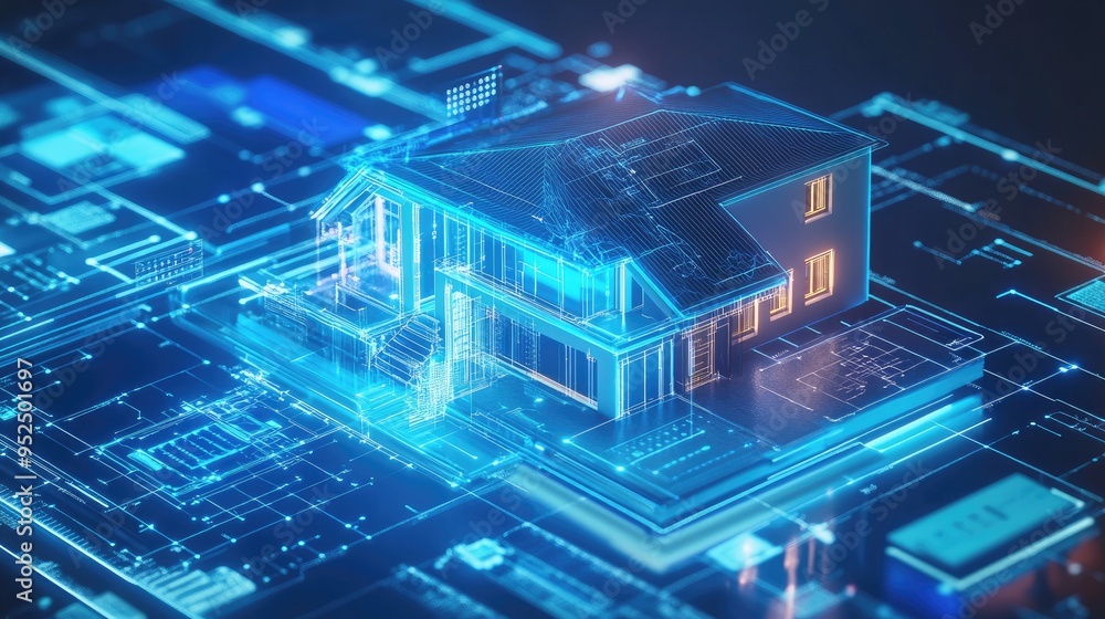 Model of a smart home highlighting advanced technology, mobile controls, and automation, surrounded by a modern Model of a smart home highlighting advanced technology, mobile controls, and automation, surrounded by a modern