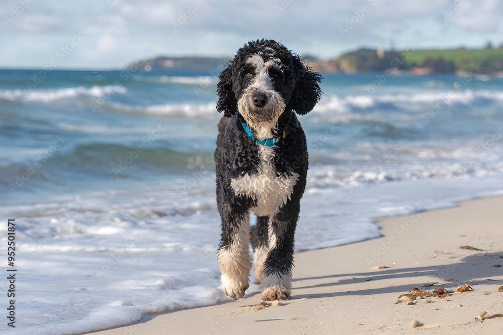 Standard Poodle walks beach, paws sinking into sand Standard Poodle walks beach, paws sinking into sand