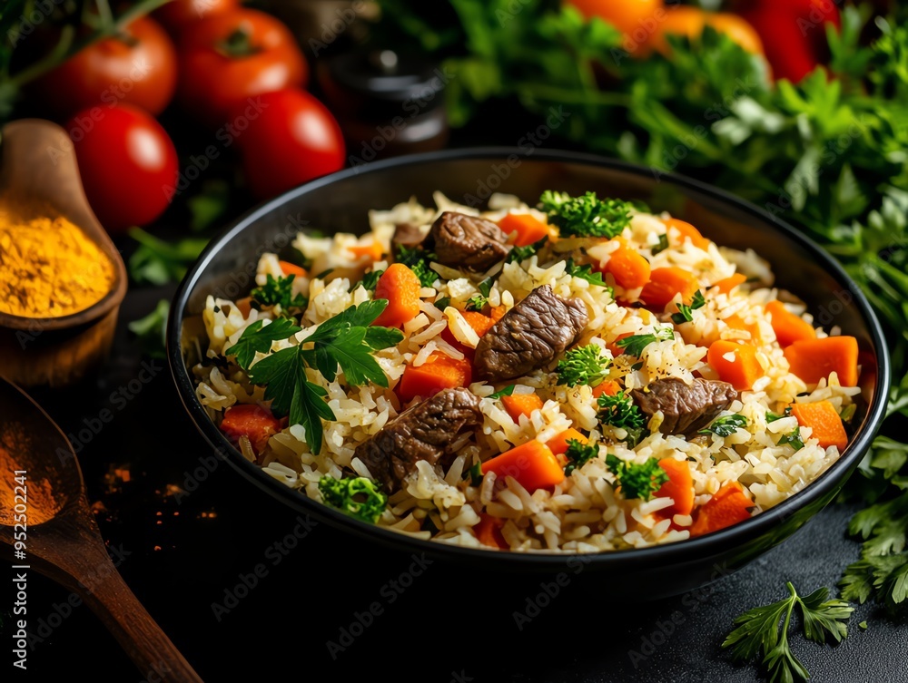 Organic Uzbek plov, featuring locally grown rice, organic carrots, and freerange lamb, served in a traditional ceramic dish with the backdrop of a vibrant Uzbek marketplace Organic Uzbek plov, featuring locally grown rice, organic carrots, and freerange lamb, served in a traditional ceramic dish with the backdrop of a vibrant Uzbek marketplace