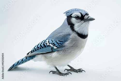 a blue and white bird standing on a white surface photo