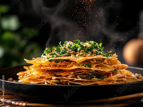 Organic Vietnamese banh xeo, crispy rice flour pancakes filled with local herbs and vegetables, served on a bamboo platter with a backdrop of the Mekong Delta photo