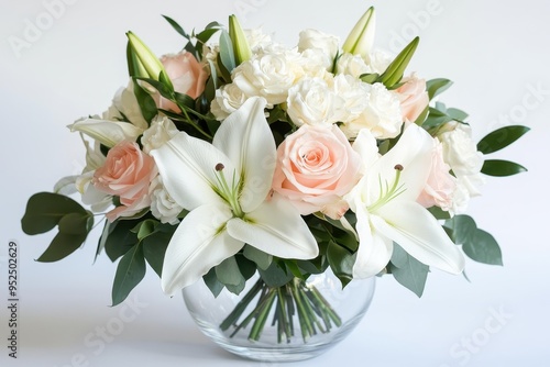 A beautiful floral arrangement featuring white lilies and soft pink roses in a glass vase.