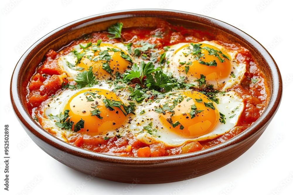 Shakshuka, Eggs in spicy tomato sauce. A North African dish that quite popular in the Middle East isolated on white background Shakshuka, Eggs in spicy tomato sauce. A North African dish that quite popular in the Middle East isolated on white background