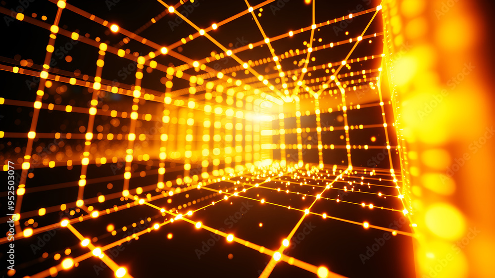Obraz premium An abstract 3D grid with luminous lines and glowing nodes, creating a sense of depth and motion.
