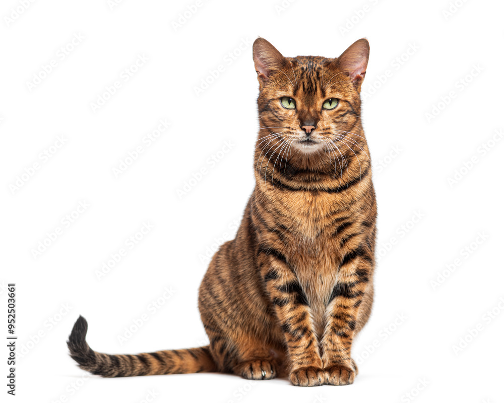 Obraz premium Striped toyger cat sitting and looking at camera, isolated on white