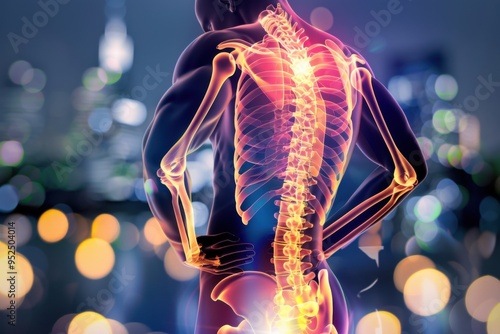 Human spine illuminated at night. Spinal health and back pain concept