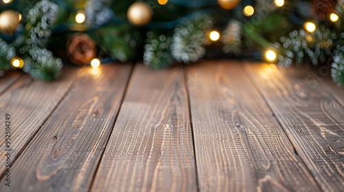 Empty wooden surface with blurred Christmas tree and lights in background. Christmas and winter celebration concept. Image for product display and festive marketing. Banner with copy space.