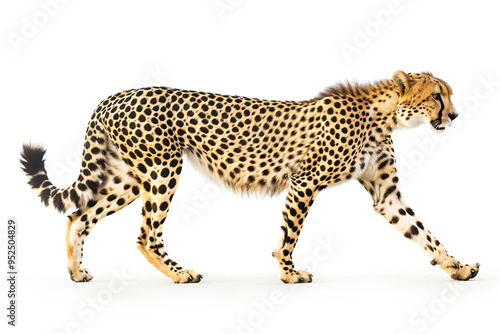 a cheetah walking across a white surface