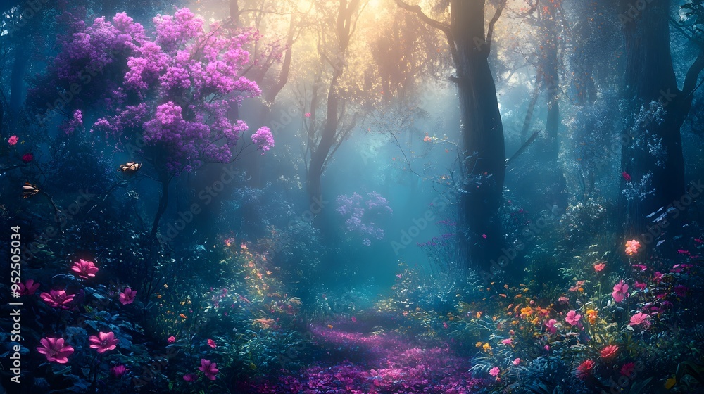 Mystical forest with glowing flowers ethereal creatures dreamlike enchanted atmosphere Mystical forest with glowing flowers ethereal creatures dreamlike enchanted atmosphere