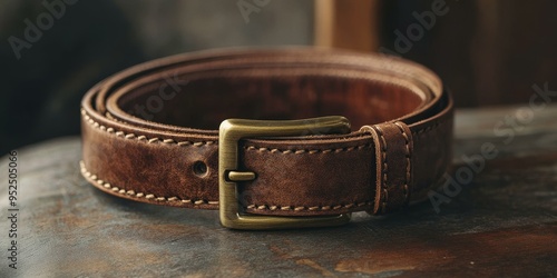 Brown leather belt with brass buckle.