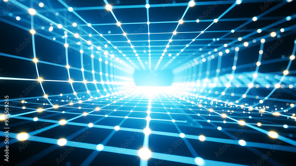 An abstract 3D grid with luminous lines and glowing nodes, creating a sense of depth and motion. An abstract 3D grid with luminous lines and glowing nodes, creating a sense of depth and motion.