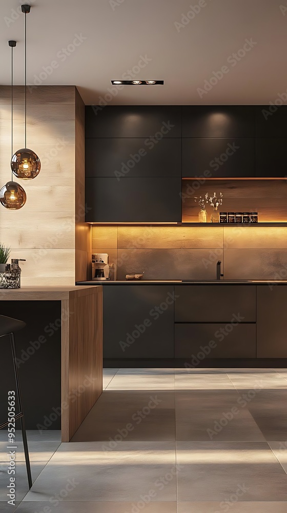 Modern Kitchen Interior Design with Wooden Countertop and Black Cabinets - 3D Illustration
