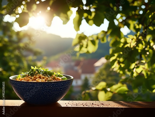 Veganfriendly Hungarian goulash, made with organic vegetables and paprika, served in a ceramic bowl with a view of a traditional Hungarian village photo