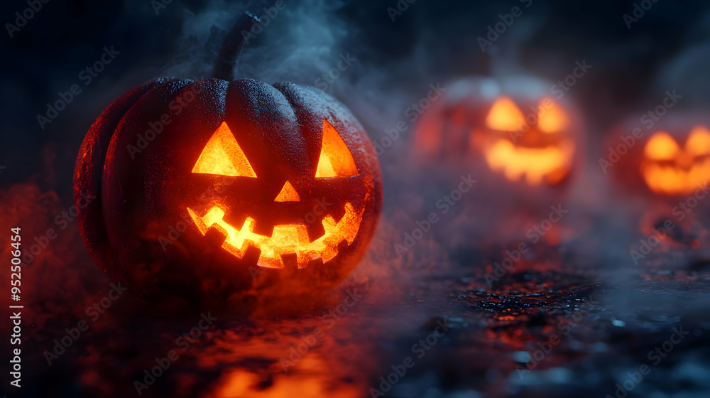 3D Glossy Halloween Night Background with Pumpkins concept as A glossy dark background featuring glowing pumpkins and eerie fog perfect for setting the scene for Halloween party invitations or horror 3D Glossy Halloween Night Background with Pumpkins concept as A glossy dark background featuring glowing pumpkins and eerie fog perfect for setting the scene for Halloween party invitations or horror
