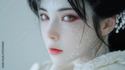 hyperrealistic portrait of android geisha porcelainlike skin with visible circuitry traditional makeup and hairstyle serene expression soft studio lighting photo