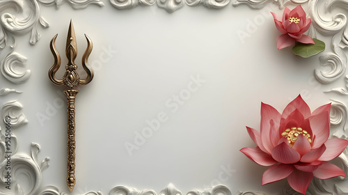 3D Trishul and Lotus Flower Frame concept as Vertical frame with a trishul (trident) on one side and a lotus flower on the other creating a divine and peaceful Dussehra themed copy space ideal for spi photo