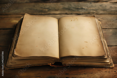 Vintage Open Book on Weathered Wooden Table with Blank Pages and Rustic Charm photo