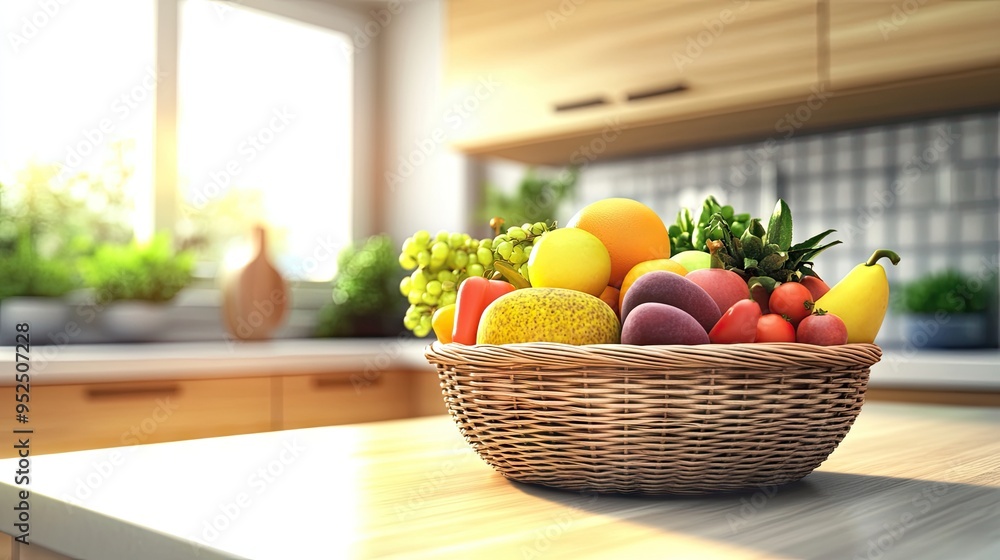 A modern, brightly lit kitchen with a fruit basket full of colorful fruits on a sleek island, representing freshness and clean design. A modern, brightly lit kitchen with a fruit basket full of colorful fruits on a sleek island, representing freshness and clean design.