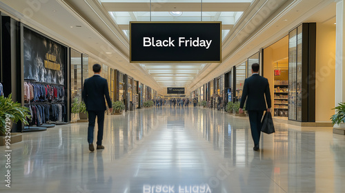 Shoppers Walking Towards Stores During Black Friday Sales at a Busy Shopping Mall in the Early Morning Hours Generative AI