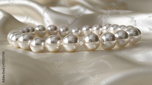 A necklace made of white pearls with a diamond in the center 