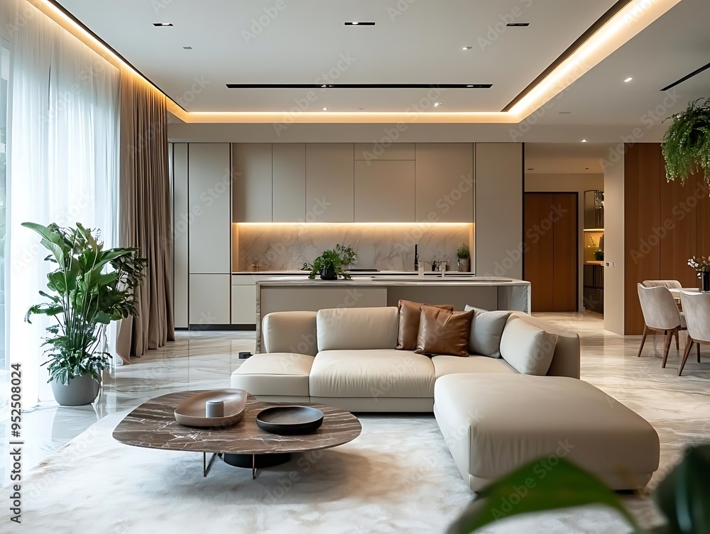 Modern Interior Design Living Room with Sectional Sofa and Kitchen in Background - Photo Modern Interior Design Living Room with Sectional Sofa and Kitchen in Background - Photo