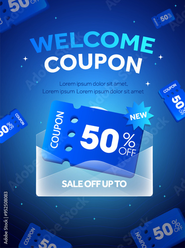 3d welcome coupon banner template with flying coupons in transparent envelope, isolated on background. Gift voucher giveaway poster for new member discount event. Vector illustration. Vector
