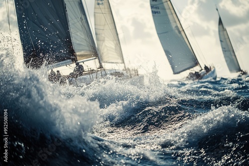 Sailboats racing in rough sea, dynamic water spray