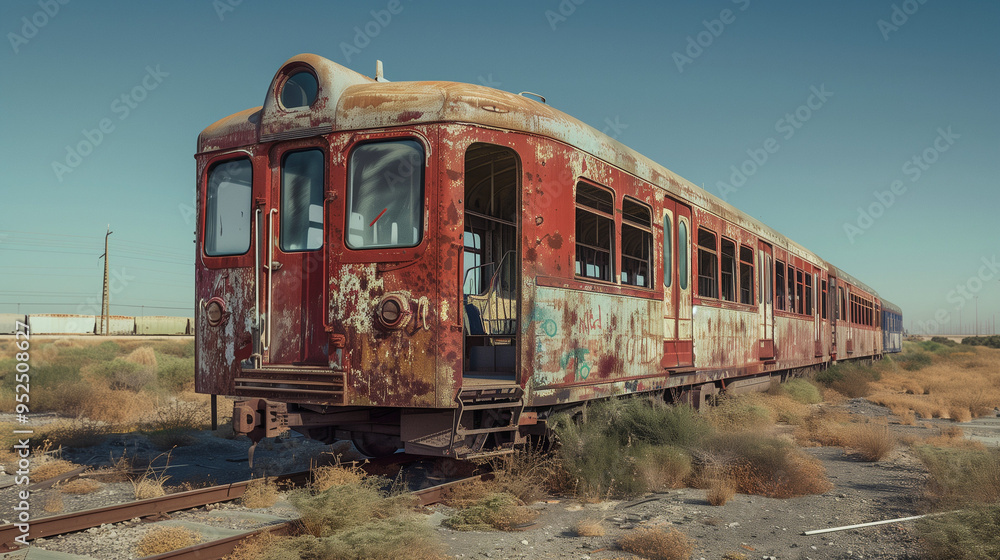 Fototapeta premium An abandoned, rusty train carriage sits on overgrown tracks in a desolate, arid landscape with a clear blue sky.