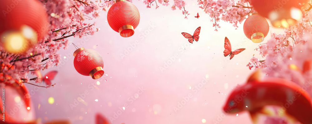 Obraz premium A serene scene featuring red lanterns and colorful butterflies among cherry blossoms, embodying tranquility and celebration.