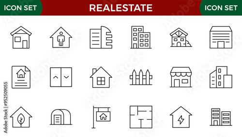 Real Estate minimal thin line web icon set. Included the icons as realty, property, mortgage, home loan and more. Outline icons collection. House, key, buy, sell, loan, building, address, bedroom