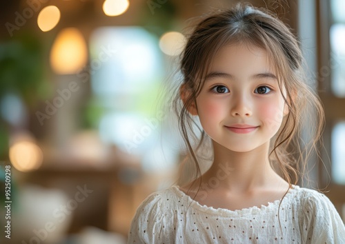 A young girl with a pleasant smile stands in a softly lit room, creating a warm and inviting atmosphere ideal for child-related content, family themes