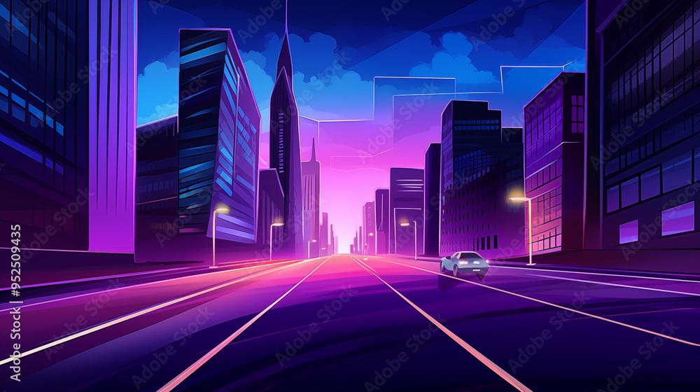 Futuristic Cityscape with Neon Lights and a Wide Empty Road Futuristic Cityscape with Neon Lights and a Wide Empty Road