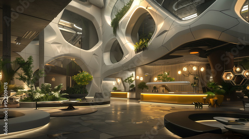 Modern futuristic office lobby with curved architecture and abundant greenery, featuring a unique honeycomb design, ambient lighting, and sleek furnishing.