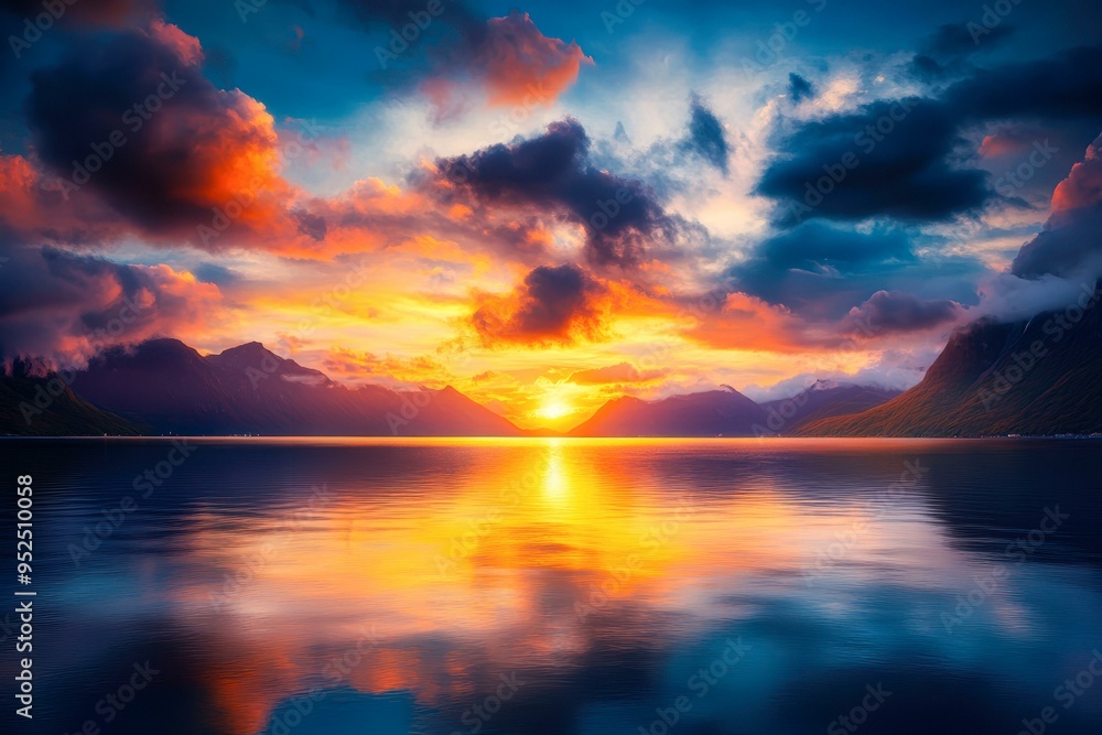 Obraz premium A breathtaking sunset over a serene lake surrounded by mountains, with vibrant colors reflecting on the water suitable for travel blogs, nature websites, and relaxation content,