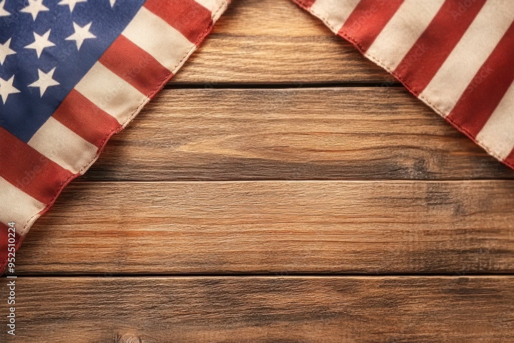 Obraz premium American flags with stars and stripes partially placed on a wooden surface useful for patriotic-themed designs, Independence Day celebrations, or Memorial Day events,