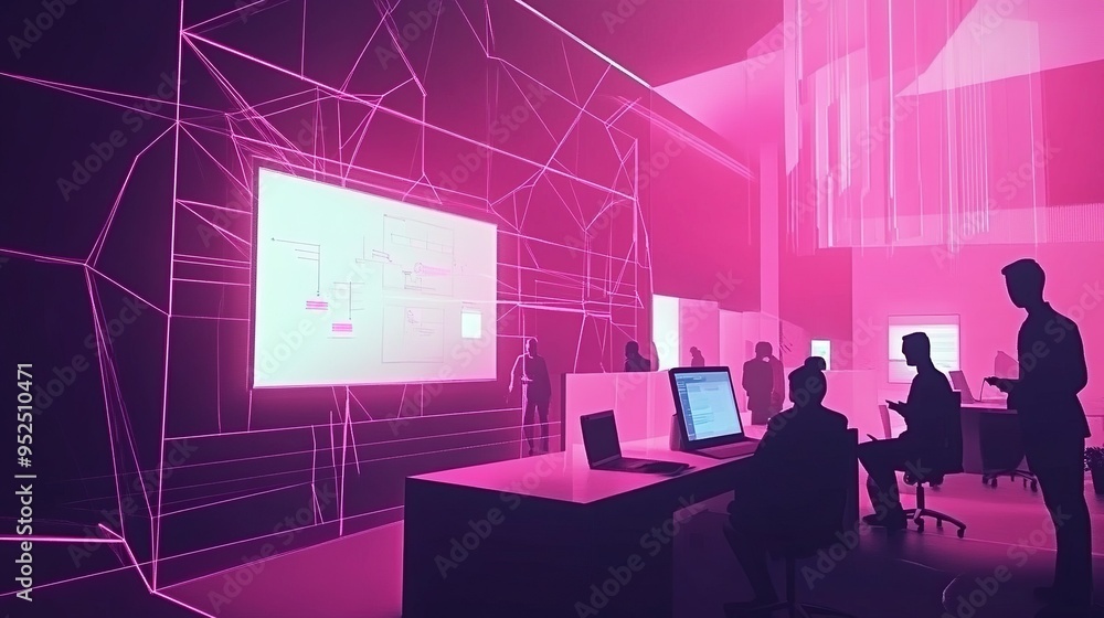 A modern workspace featuring digital displays and creative professionals collaborating in a futuristic environment during the day A modern workspace featuring digital displays and creative professionals collaborating in a futuristic environment during the day