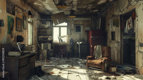 A cluttered, abandoned room with peeling wallpaper, broken furniture, and scattered items creating a scene of decay and neglect.