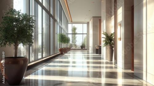 Polished floor corridor with tall windows in a modern high-rise, showcasing architectural elegance and urban design