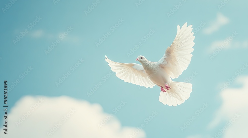 Fototapeta premium A white dove soars high in a clear blue sky, wings spread wide, symbolizing freedom and peace, with soft clouds in the background.