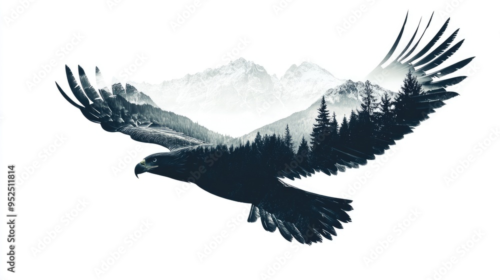 Fototapeta premium Silhouette of a flying eagle, with rugged mountains forming a double exposure within its wings, isolated on a white background