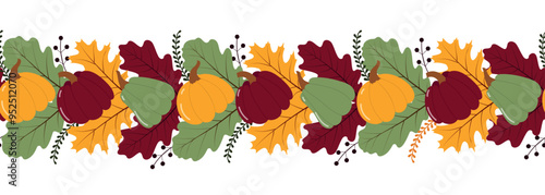 Autumn seamless border with pumpkins and oak leaves. Wreath for website header background. Vector illustration	