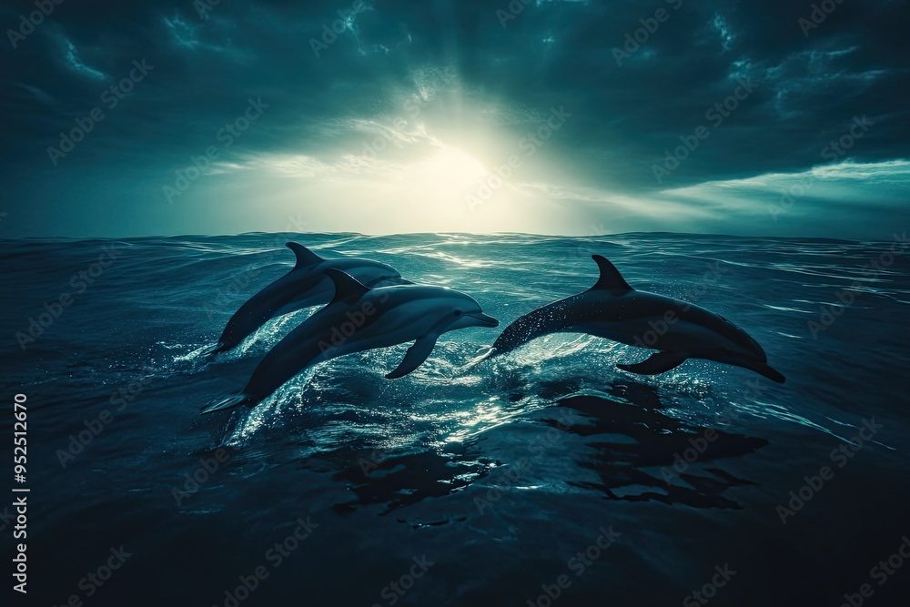 Fototapeta premium Silhouette of dolphins in the open ocean
