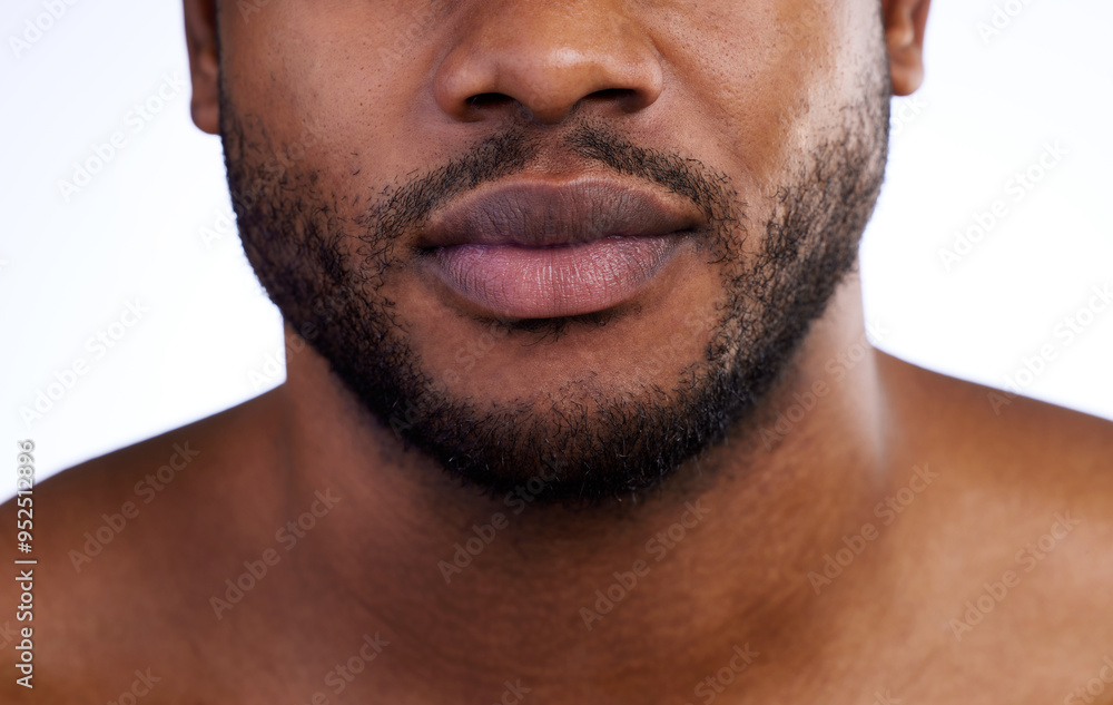 Black man, jaw and skincare, beard grooming and face health for beauty, aesthetic or skin on white studio background. Closeup of guy, model and facial hair for dermatology, wellness or cosmetics Black man, jaw and skincare, beard grooming and face health for beauty, aesthetic or skin on white studio background. Closeup of guy, model and facial hair for dermatology, wellness or cosmetics
