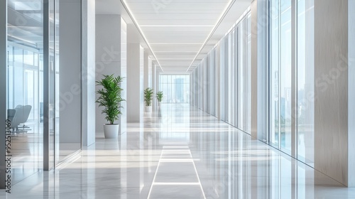 Sleek corridor with shiny polished floors and expansive windows, capturing the modern aesthetic