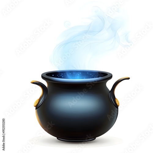 Mystical witch s cauldron with swirling ethereal smoke rising from a bubbling arcane mixture on an isolate white background  Concept of sorcery alchemy and the occult photo