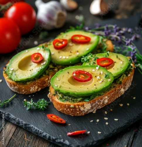 Delicious avocado toast topped with fresh red chilies. A healthy snack or breakfast option full of flavor and freshness. Perfect for food lovers and health enthusiasts. Generative AI