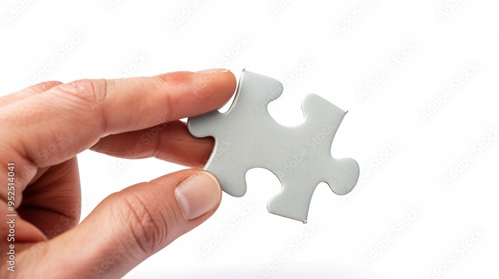 A hand holding a single jigsaw puzzle piece, isolated on a white background. A hand holding a single jigsaw puzzle piece, isolated on a white background.