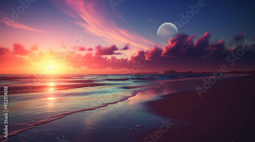 Dreamy Sunset on the Coast: A breathtaking panorama of a vibrant sunset over the ocean, with soft, pink and purple clouds reflecting the golden light. The gentle waves lap at the shore as the moon han photo